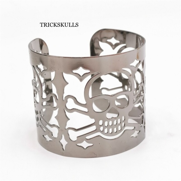Laser Cut Skull Wrist Cuff Stainless Steel Adjustable Wrap 2 Inch Wide Bracelet - Picture 2 of 7